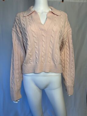 Sunday Best Blush Cable-Knit V-Neck Sweater with Polo Collar
